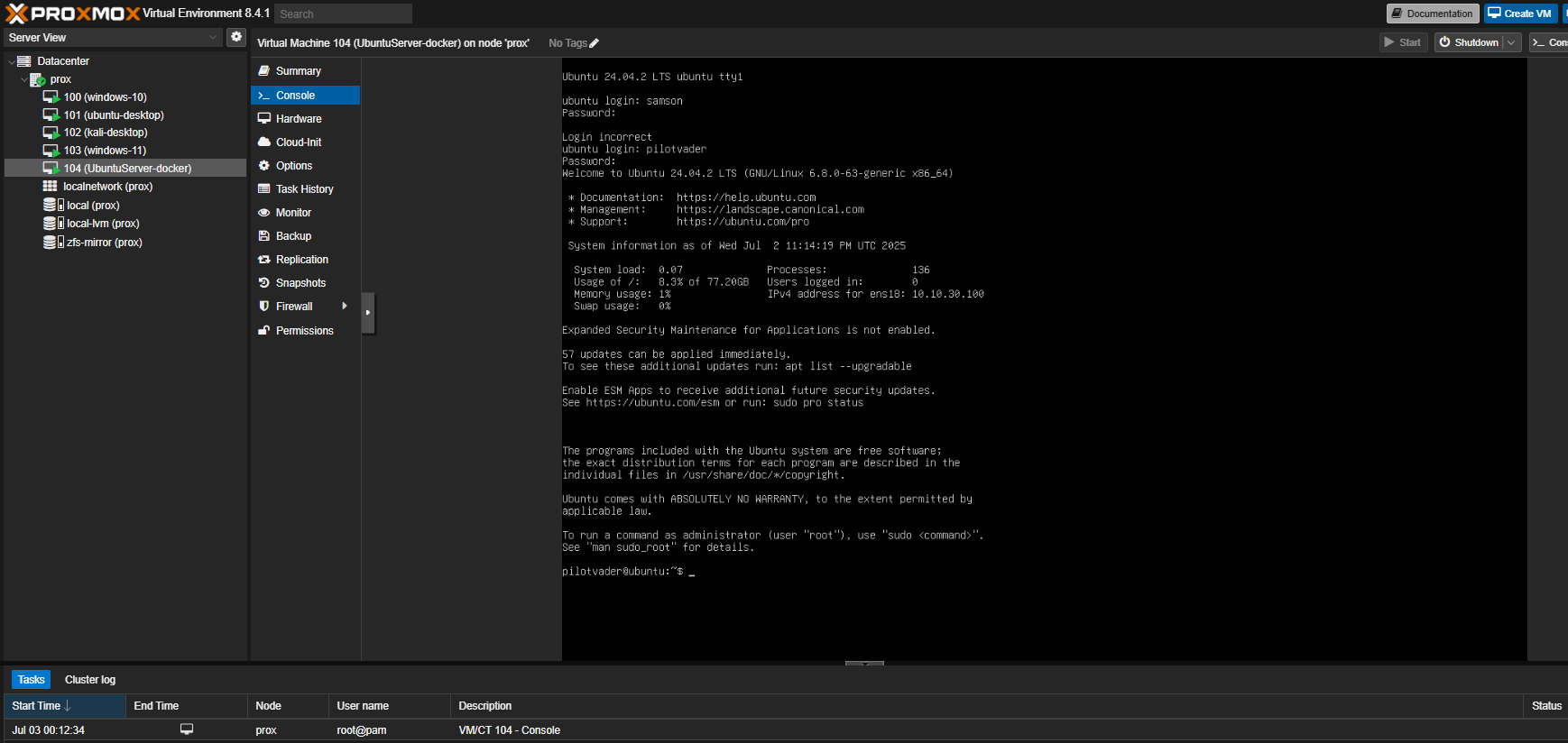 Logged into ubuntu server on proxmox